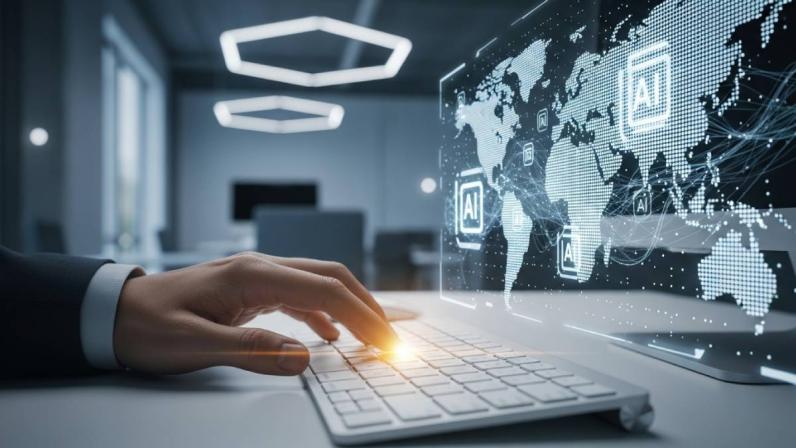 Illustration de l'intelligence artificielle appliquée à la traduction internationale professionnelle avec interface holographique.