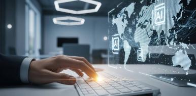 Illustration de l'intelligence artificielle appliquée à la traduction internationale professionnelle avec interface holographique.